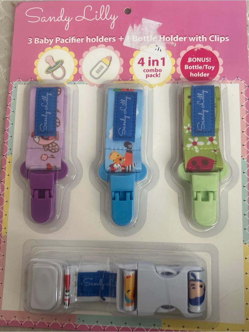 Pacifier holders, assorted, new in box